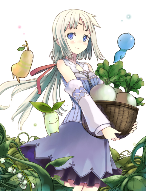 blue_eyes, blush, circlet, creature, detached_sleeves, dress, farm, flower