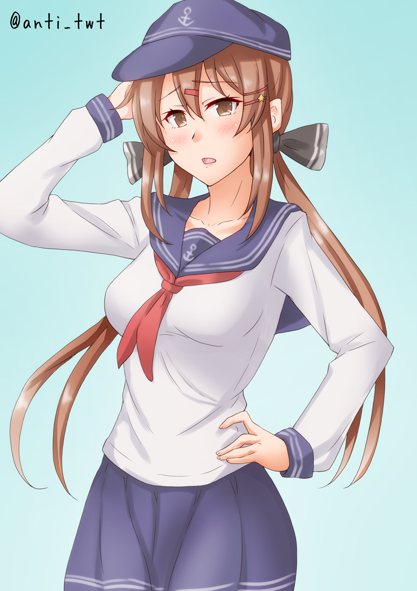1girl, akatsuki_(kancolle), akatsuki_(kancolle)_(cosplay), anchor_symbol, anti_(untea9), black_bow, blue_background, blue_sailor_collar, blue_skirt, bow, brown_eyes, brown_hair, commentary_request, cosplay, gradient, gradient_background, hair_bow, hand_on_hip, highres, kantai_collection, long_hair, low_twintails, neckerchief, one-hour_drawing_challenge, pleated_skirt, red_neckwear, sailor_collar, skirt, solo, tashkent_(kancolle), twintails