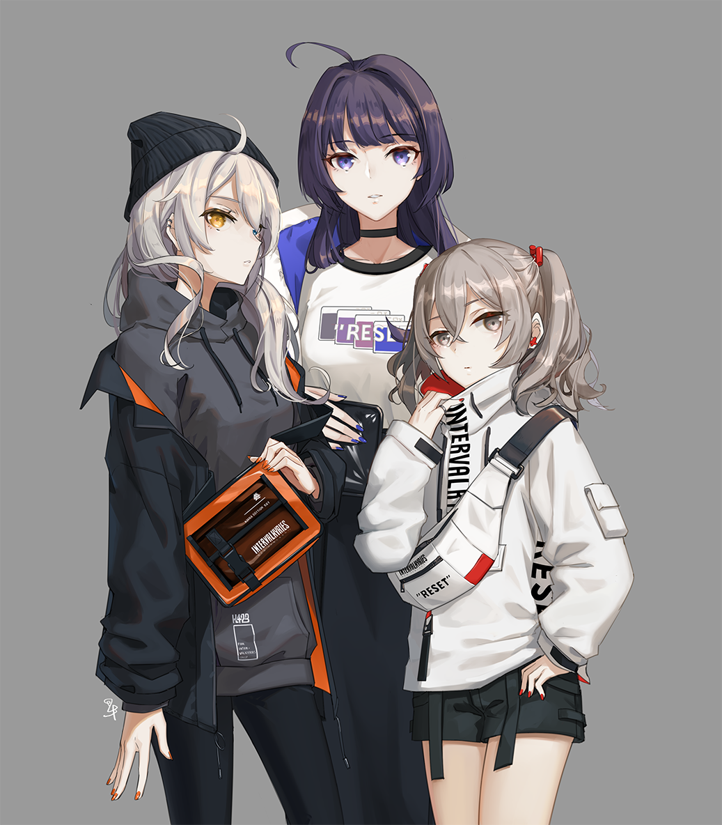 3girls, alternate_costume, alternate_hairstyle, antenna_hair, beanie, black_bag, black_eyes, black_hair