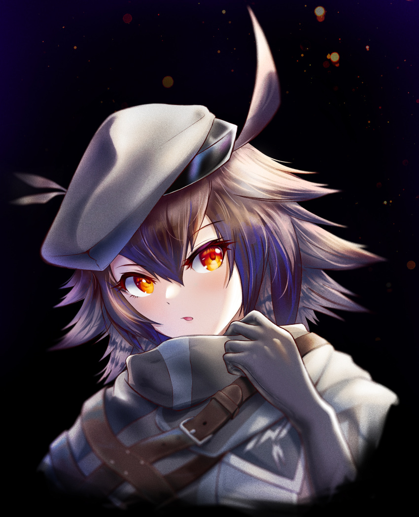 1girl, :o, absurdres, animal, arknights, armband, beret, black_background