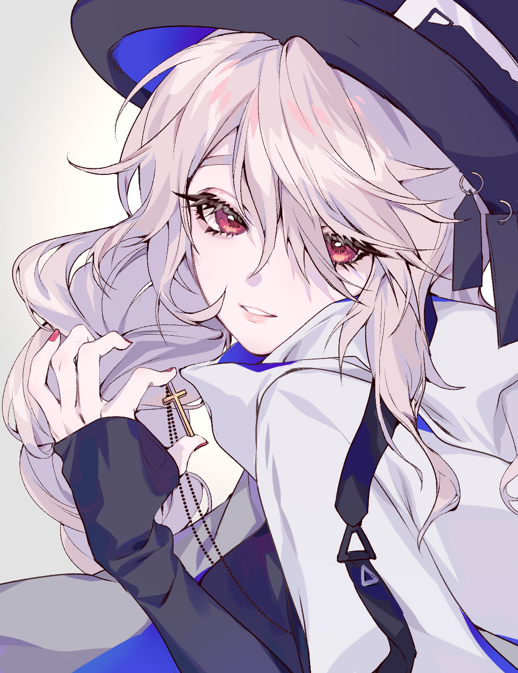 1girl, arknights, black_dress, black_headwear, cross, cross_necklace, dress, hat, highres, holding, holding_cross, jewelry, long_hair, long_sleeves, looking_at_viewer, necklace, neet_xing, official_alternate_costume, parted_lips, red_eyes, red_nails, scarf, silver_hair, smile, solo, specter_(arknights), specter_(undercurrent)_(arknights), upper_body, white_background, white_scarf
