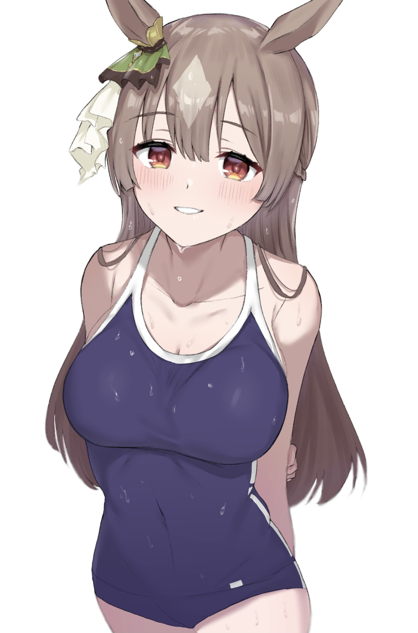 1girl, absurdres, arms_behind_back, bangs, blue_swimsuit, blush, breasts, commentary_request
