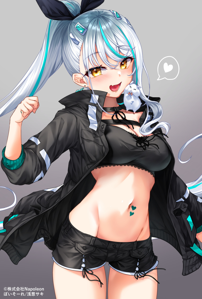 1girl, :d, asagi_saki, black_choker, black_jacket, black_shirt, black_shorts, breasts