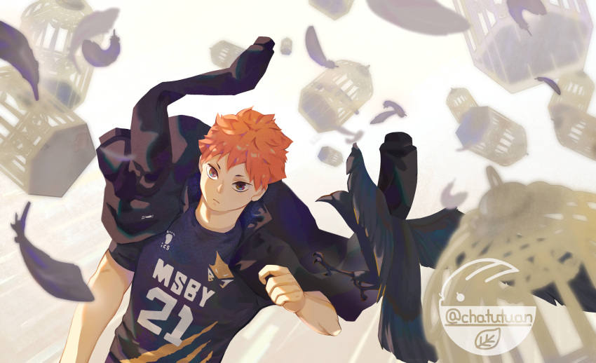 1boy, absurdres, bangs, brown_hair, cage, chatutuan, dutch_angle, feathers, haikyuu!!, highres, hinata_shouyou, jacket, jacket_on_shoulders, looking_at_viewer, male_focus, orange_hair, short_hair, solo, sportswear, twitter_username, upper_body, volleyball_uniform