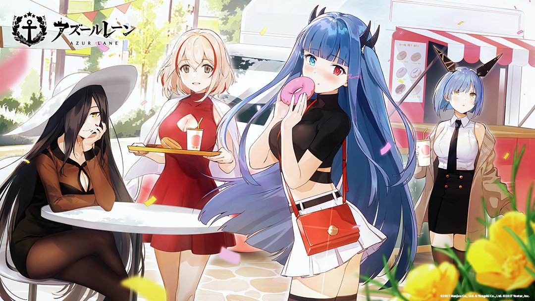 4girls, alternate_costume, artist_request, azur_lane, bag, bare_shoulders, belt, black_dress