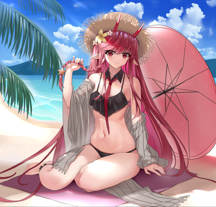 1girl, absurdres, arknights, bangs, bare_legs, bare_shoulders, barefoot, beach