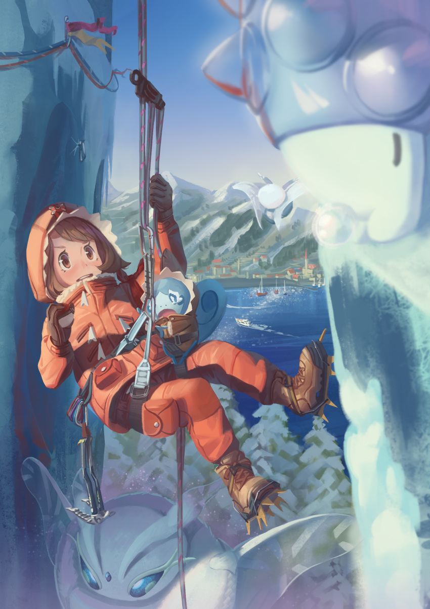 1girl, absurdres, beamcon, blurry, blush, boat, boots, brown_eyes