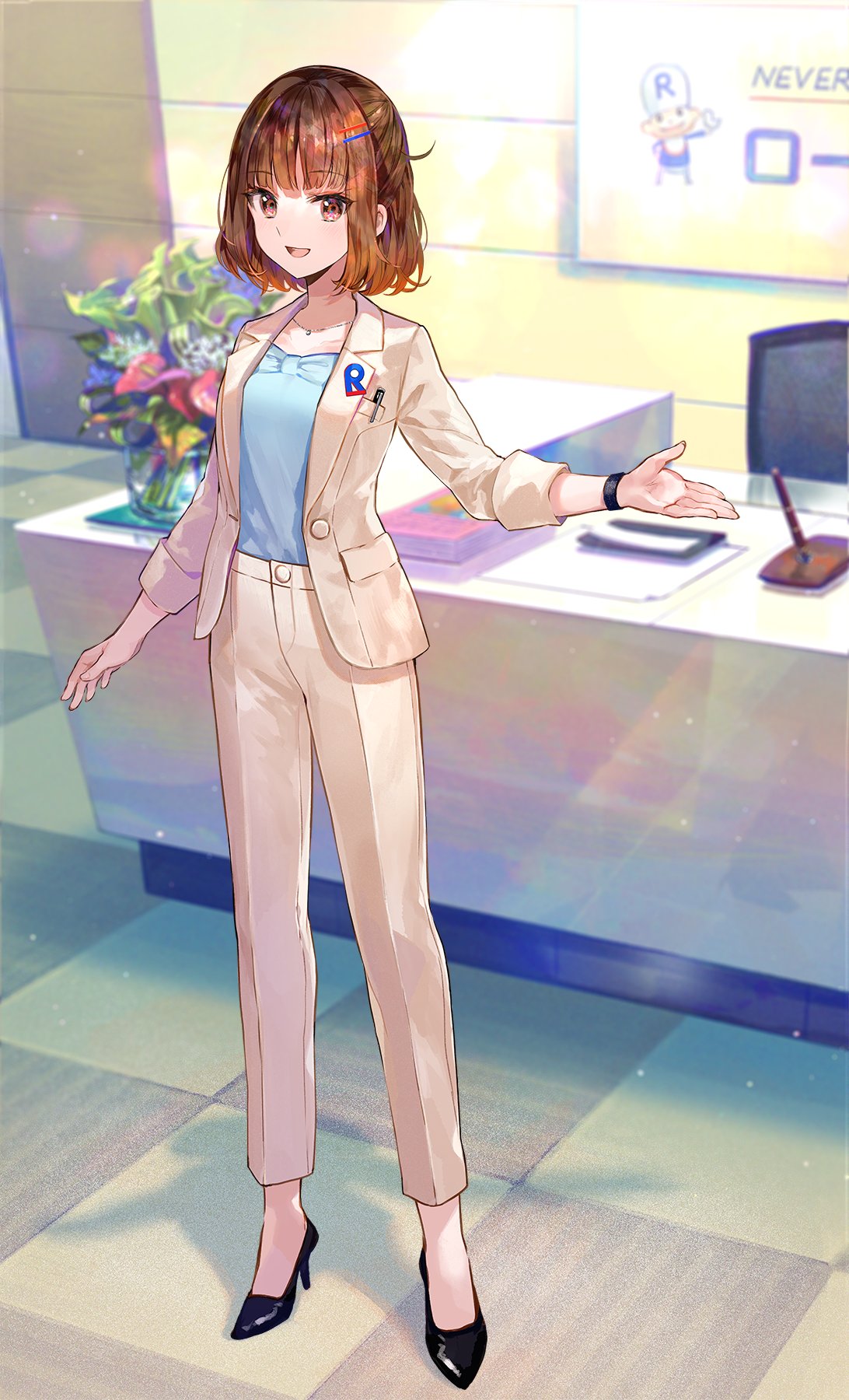 1girl, black_footwear, brown_hair, commentary_request, eyebrows_visible_through_hair, formal, fuzichoco, hair_ornament, hairclip, high_heels, highres, indoors, jacket, jewelry, looking_at_viewer, multicolored, multicolored_eyes, nebasei_kokoro, necklace, open_mouth, pants, rohto_seiyaku, short_hair, standing, suit, suit_jacket, virtual_youtuber, wristband