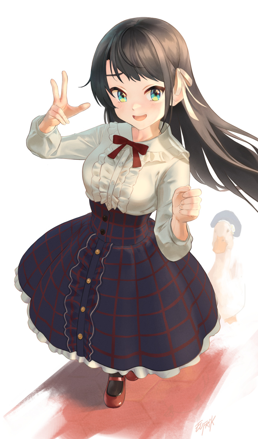 1girl, :d, absurdres, aqua_eyes, black_hair, black_legwear, buttons, center_frills