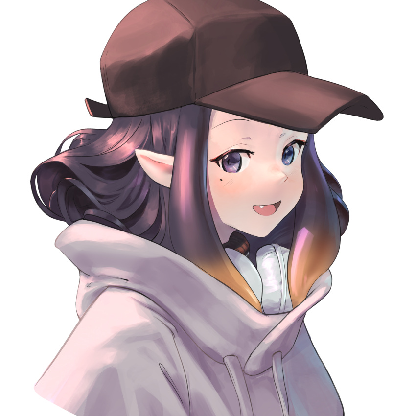 1girl, :d, baseball_cap, black_eyes, black_hair, commentary, drawstring, english_commentary