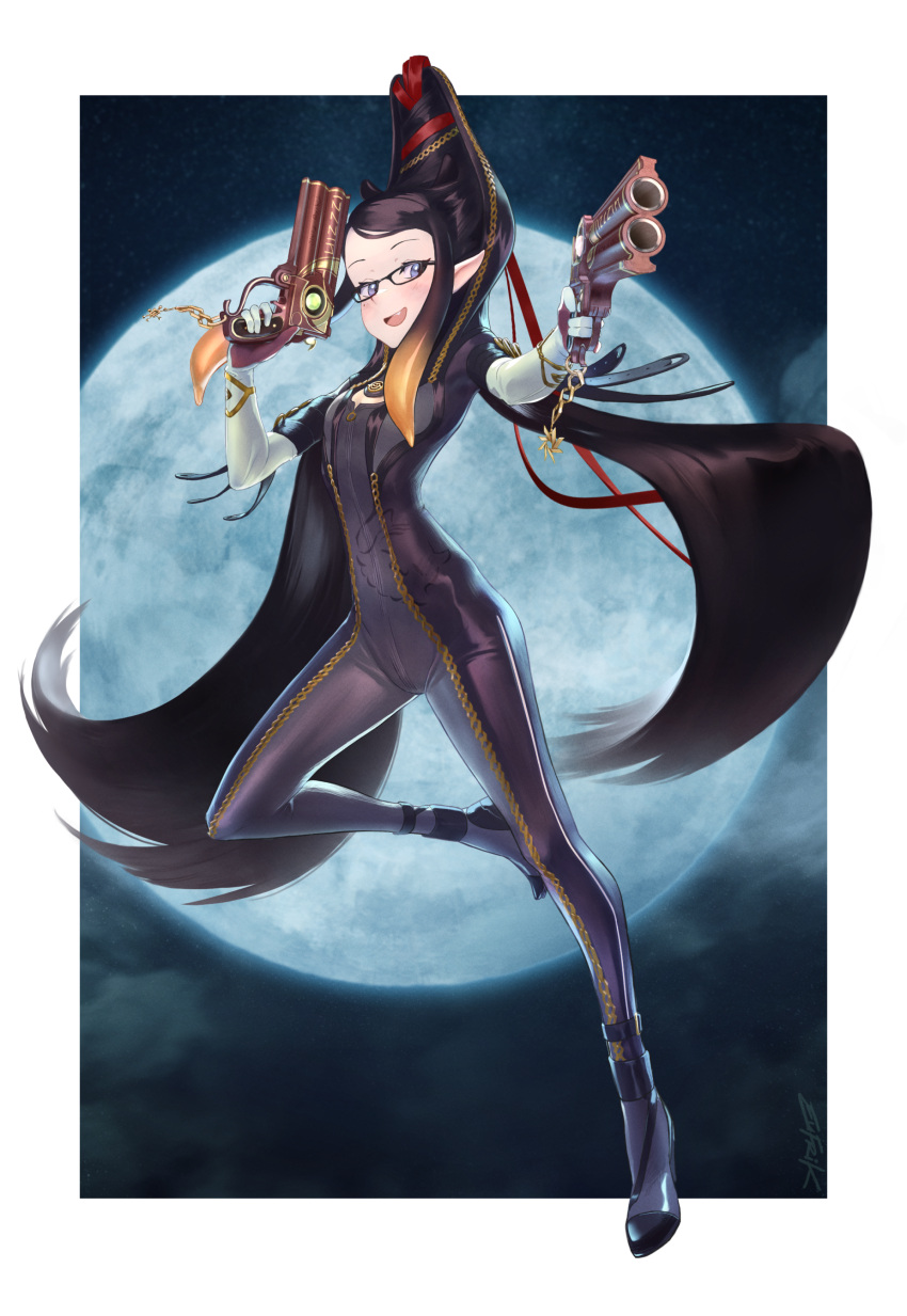 1girl, :d, absurdres, bayonetta, bayonetta_(character), bayonetta_(character)_(cosplay), black-framed_eyewear, breasts