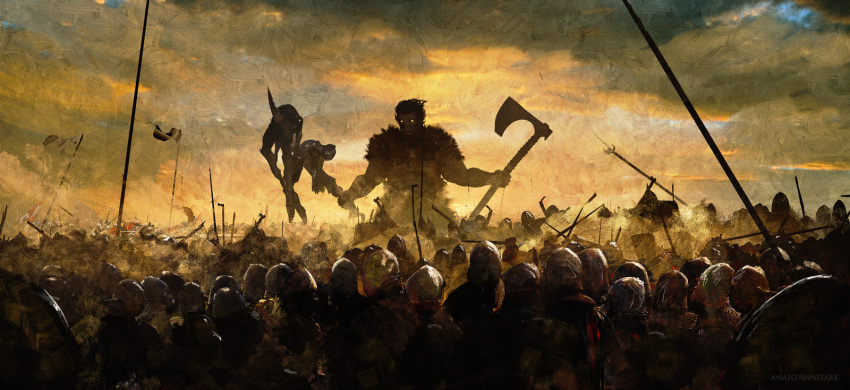 anato_finnstark, army, artist_name, axe, battle, berserk, commentary, dual_wielding