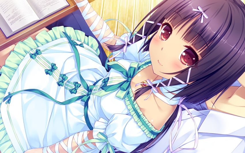 :>, arisegawa_arle, bandages, blush, boku_to_koi_suru_ponkotsu_akuma., bow, breasts, brown_hair