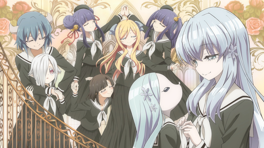 6+girls, adjusting_another's_clothes, artist_request, bell, black_hair, blonde_hair, blue_eyes, blue_hair