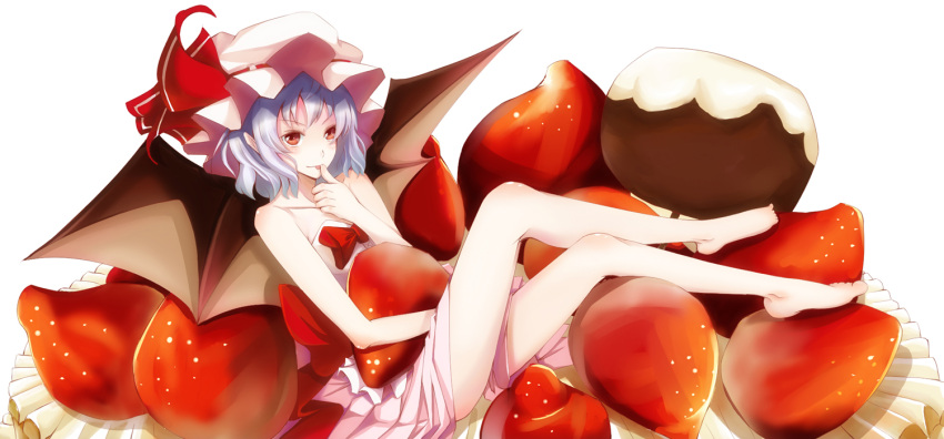 bat_wings, cake, cheshuilishang, food, fruit, girl_on_food, hat, in_food, lavender_hair, minigirl, pastry, red_eyes, remilia_scarlet, short_hair, solo, strawberry, touhou, wings