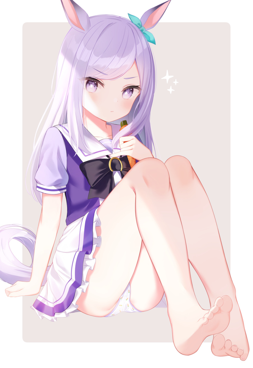 1girl, animal_ears, aqua_ribbon, arm_support, bangs, bare_legs, barefoot, black_bow, blush, bow, carrot, carrot_print, commentary, earrings, eyebrows_visible_through_hair, eyes_visible_through_hair, feet, food_print, frilled_skirt, frills, full_body, hawawa, highres, holding, holding_carrot, horse_ears, horse_girl, horse_tail, jewelry, legs, long_hair, looking_at_viewer, mejiro_mcqueen_(umamusume), panties, pantyshot, purple_hair, purple_shirt, ribbon, school_uniform, shirt, short_sleeves, sitting, skirt, soles, solo, sparkle, swept_bangs, tail, toes, tracen_school_uniform, umamusume, underwear, violet_eyes, white_panties, white_skirt