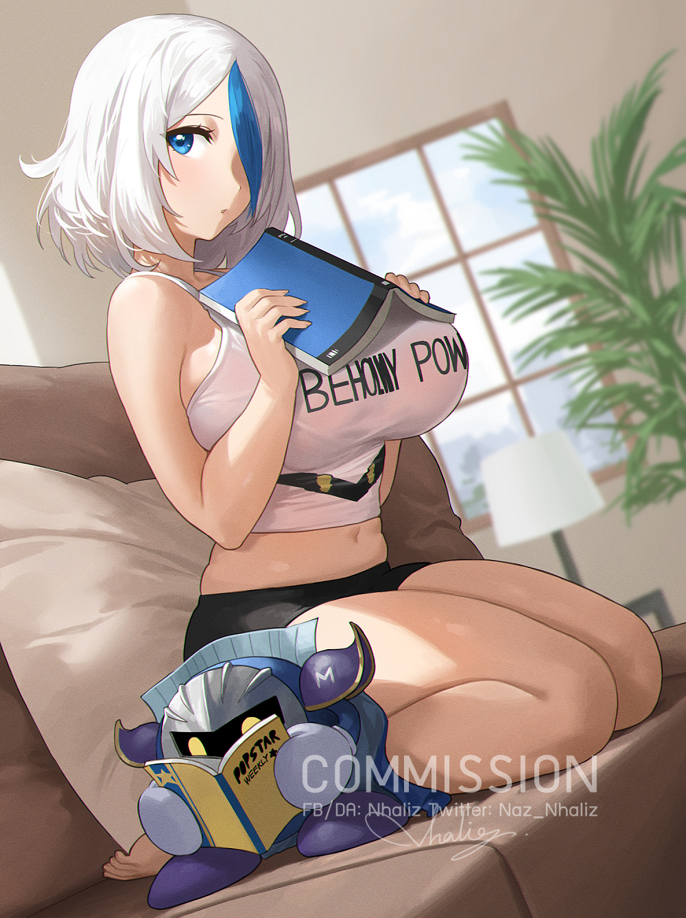 1girl, :o, armor, artist_name, bare_arms, bare_legs, bare_shoulders, barefoot