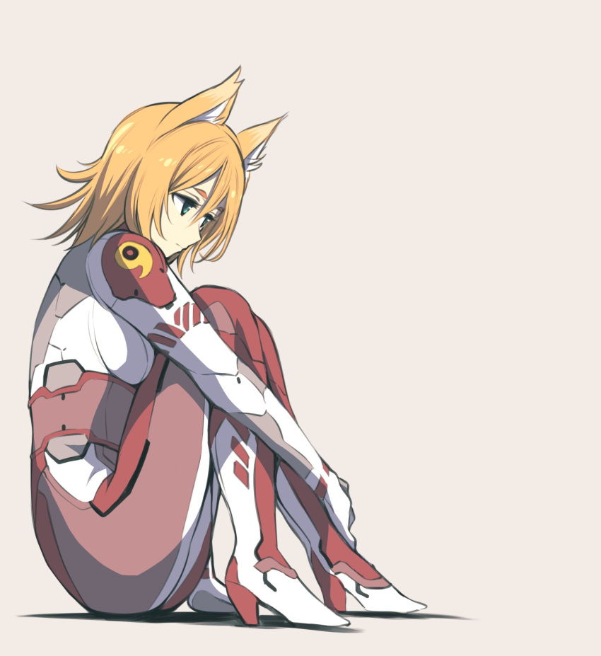 1girl, animal_ears, blonde_hair, bodysuit, fox_ears, fox_girl, green_eyes, grey_background