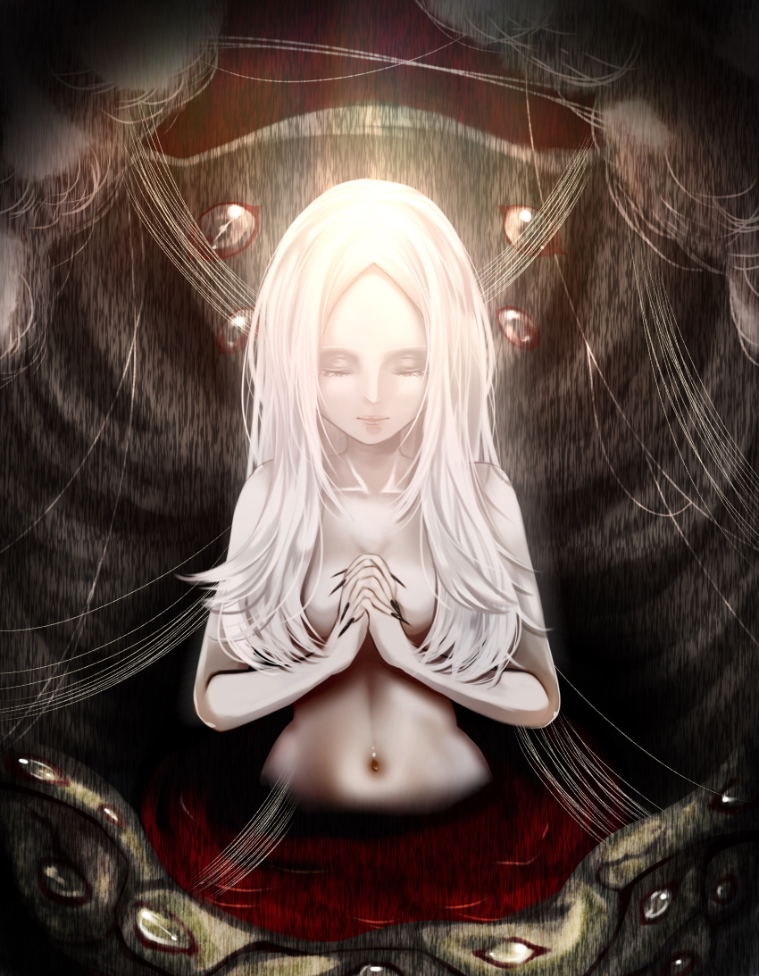 1girl, absurdres, arachne, arthropod_girl, bangs, black_nails, breasts, closed_eyes