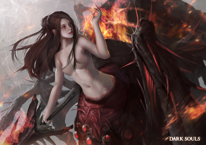 1girl, arachne, arthropod_girl, bangs, blunt_bangs, breasts, brown_hair, chaos_witch_quelaag