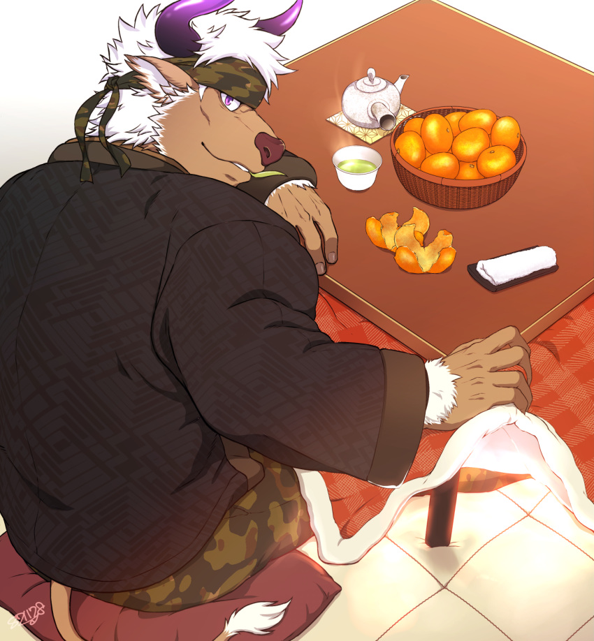 1boy, alternate_costume, animal_ears, brown_fur, camouflage, camouflage_headwear, camouflage_pants, chest_hair, cow_ears, cow_horns, cow_tail, food, fruit, furry, highres, horns, kotatsu, looking_at_viewer, male_focus, mandarin_orange, minotaur, pants, purple_horns, shennong_(tokyo_houkago_summoners), short_hair, sitting, smile, solo, table, tail, tokyo_houkago_summoners, violet_eyes, white_hair, yanai_inaya