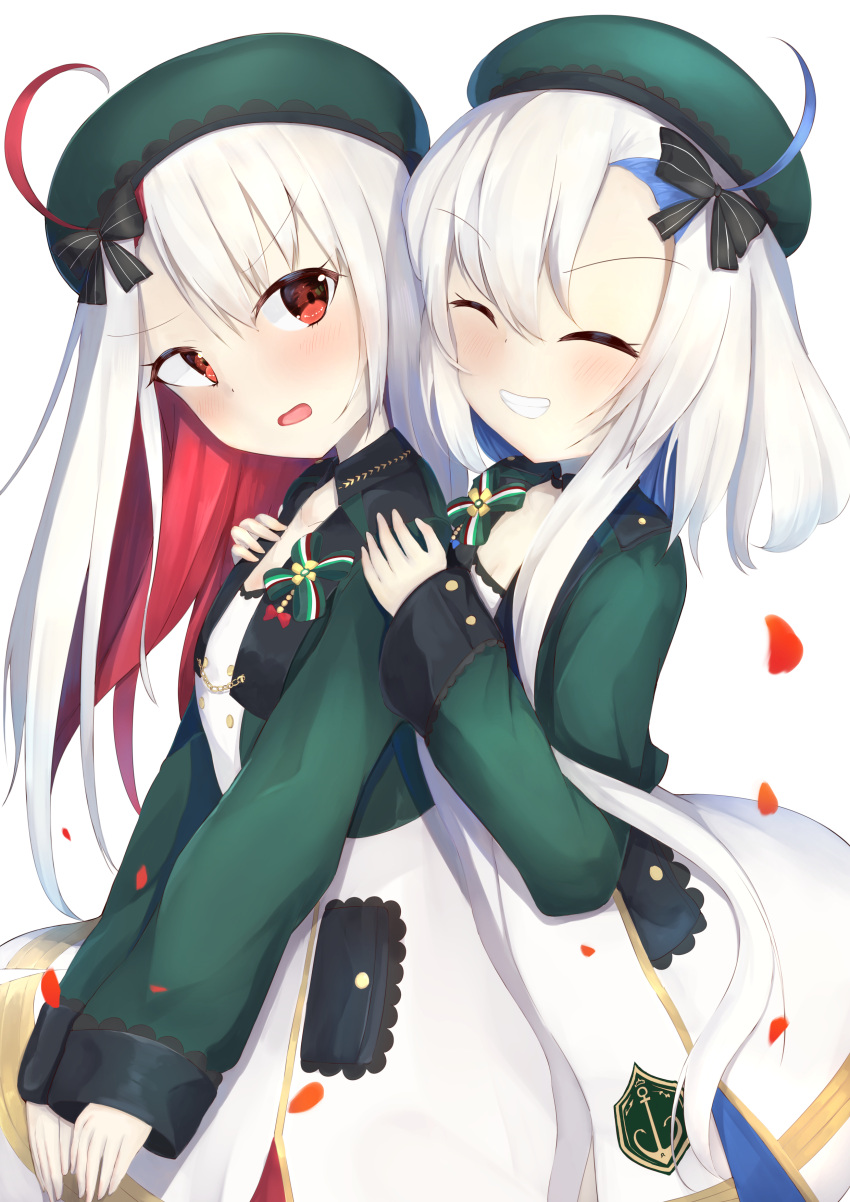 2girls, absurdres, ahoge, azur_lane, beret, black_ribbon, blue_hair, closed_eyes