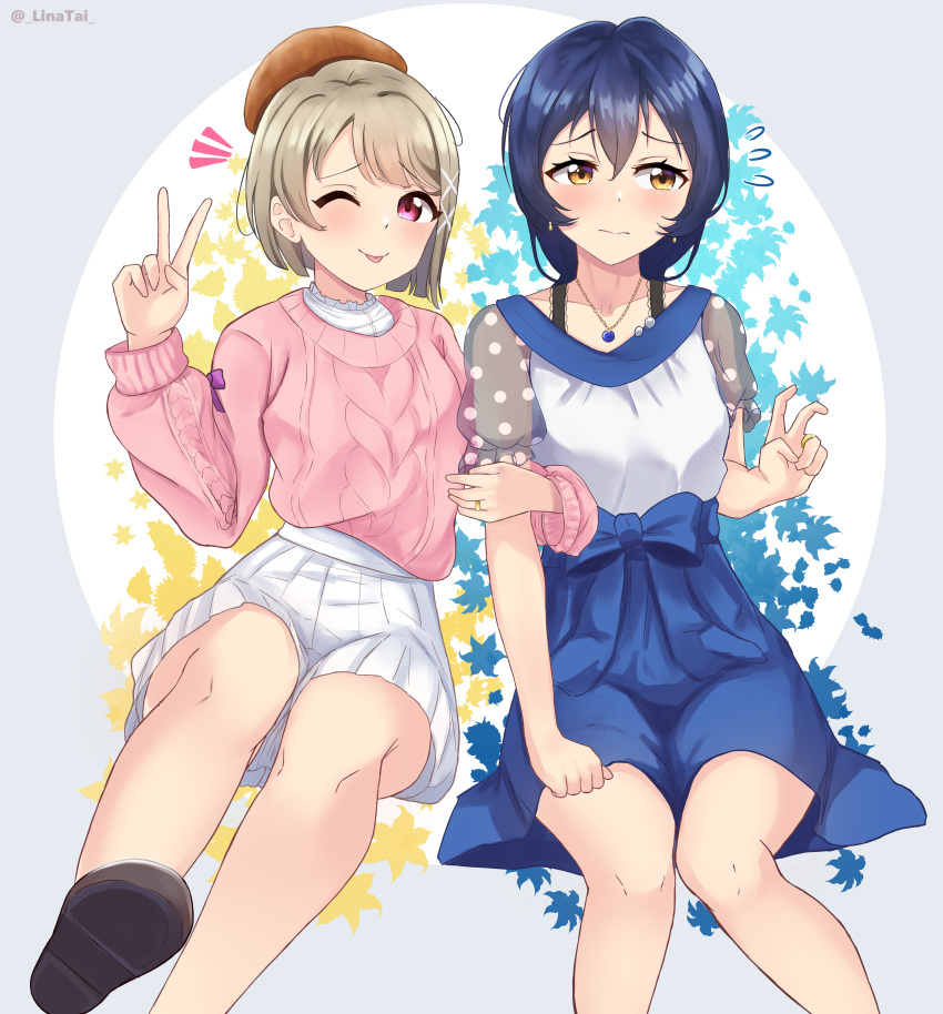 2girls, ;p, absurdres, asymmetrical_hair, bare_legs, blue_bow, blue_hair, blue_skirt