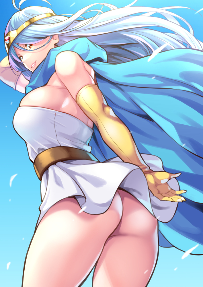 1girl, antenna_hair, ass, bangs, belt, blue_cape, blue_hair, blue_sky
