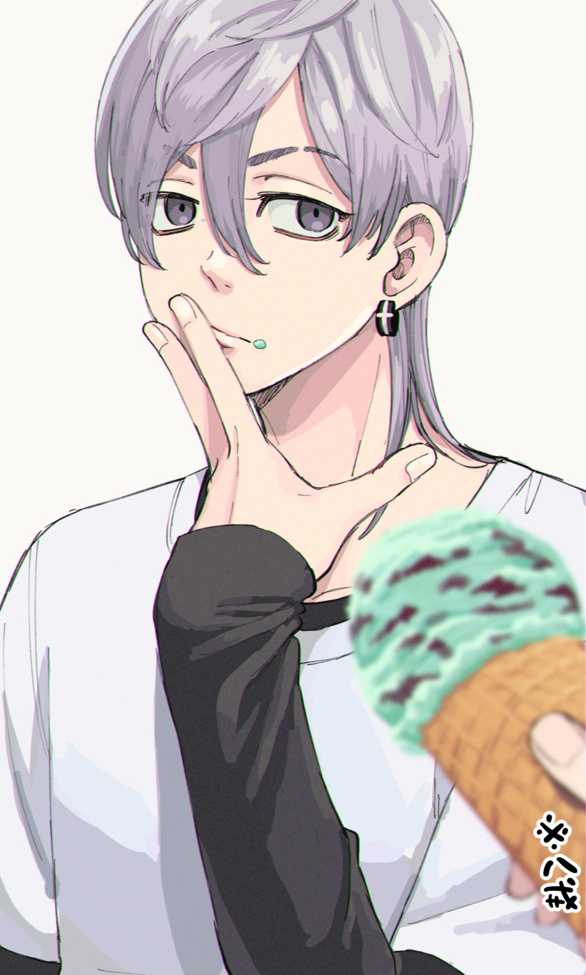 1boy, 1other, absurdres, bangs, closed_mouth, earrings, food, food_on_face