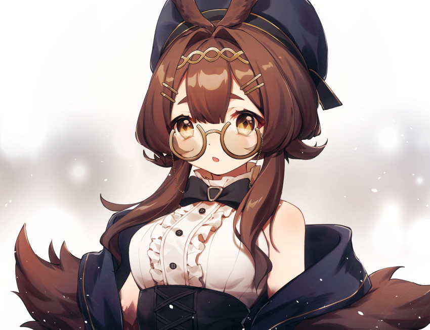 1girl, bangs, bare_shoulders, beret, black_neckwear, bow, bowtie, brown_eyes