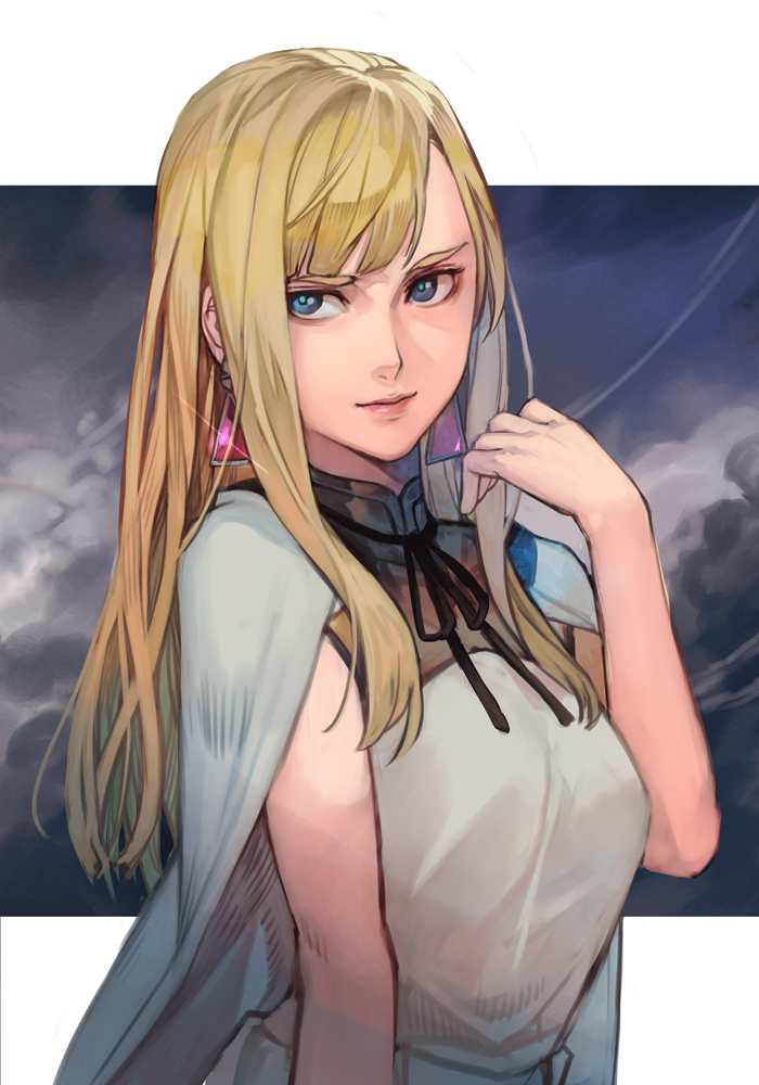 1girl, bangs, blonde_hair, blue_eyes, breasts, cape, dress, earrings