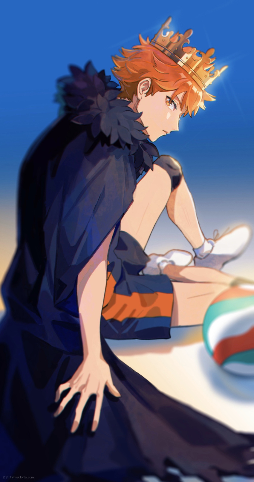 1boy, absurdres, attsei, ball, bangs, blurry, cape, crown
