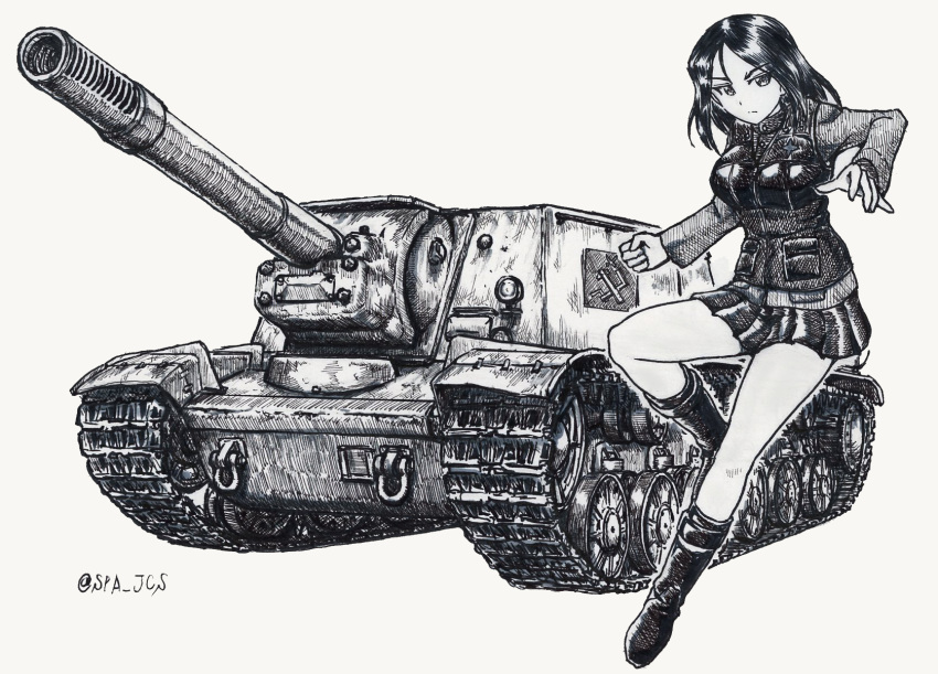 1girl, ballpoint_pen_(medium), bangs, boots, closed_mouth, commentary_request, emblem, frown