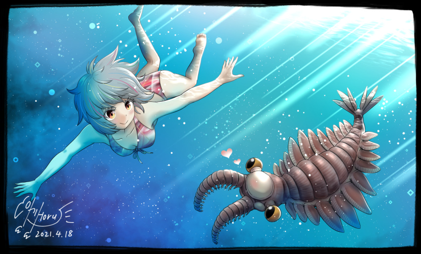 1girl, 2021, animal, anomalocaris, barefoot, bikini, breasts, dated