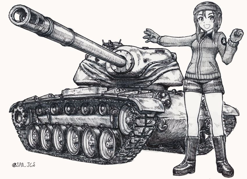 1girl, ballpoint_pen_(medium), bangs, boots, clenched_hand, commentary_request, emblem, extra