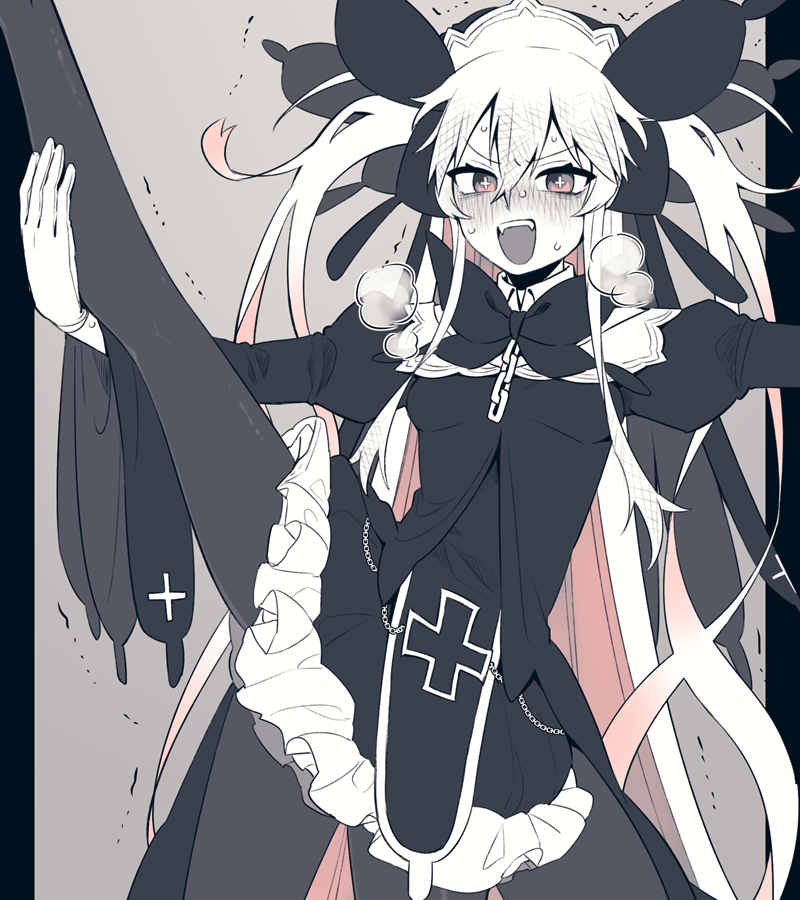 1girl, bangs, blush, fangs, gradient_hair, heavy_breathing, hijirime_laeria, imozonokan, indie_virtual_youtuber, long_hair, monochrome, multicolored_hair, split, spot_color, standing, standing_on_one_leg, standing_split, sweat, sweating_profusely, very_long_hair