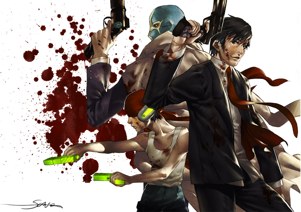 blood, con_smith, dan_smith, dual_wielding, formal, gangsta_hold, gun, killer7, male, mask_de_smith, suit, weapon