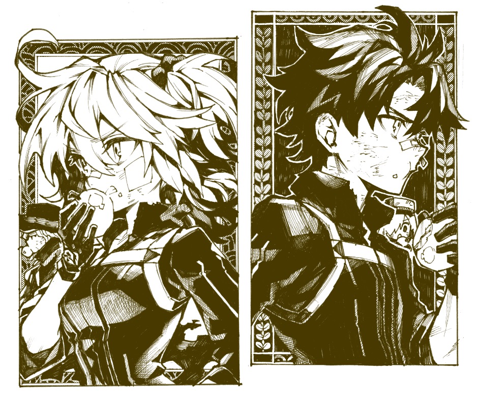 2boys, 2girls, apple, bandaid, bandaid_on_nose, command_spell, dirty, dirty_face