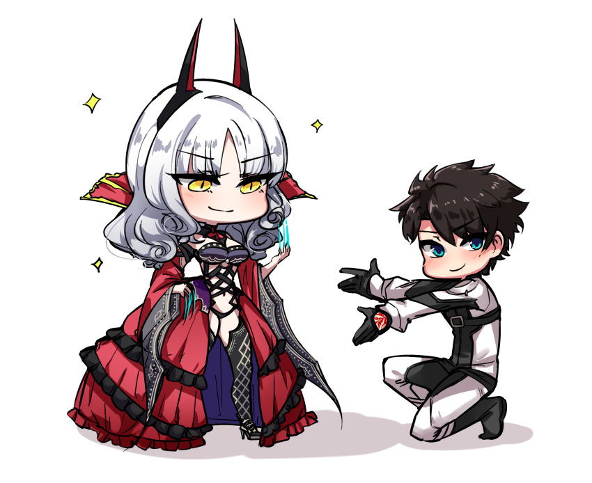 ayanobro, blush, bondage_outfit, carmilla_(fate), chibi, command_spell, detached_sleeves, fate/grand_order, fate_(series), fingernails, fujimaru_ritsuka_(male), high_heels, highres, horns, long_fingernails, smile, sparkle, supportasse, thigh-highs, white_hair, yellow_eyes