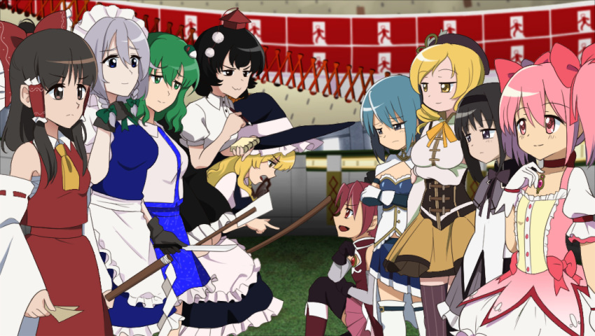 akemi_homura, annoyed, apron, bangs, beige_skirt, beret, black_dress, black_eyes