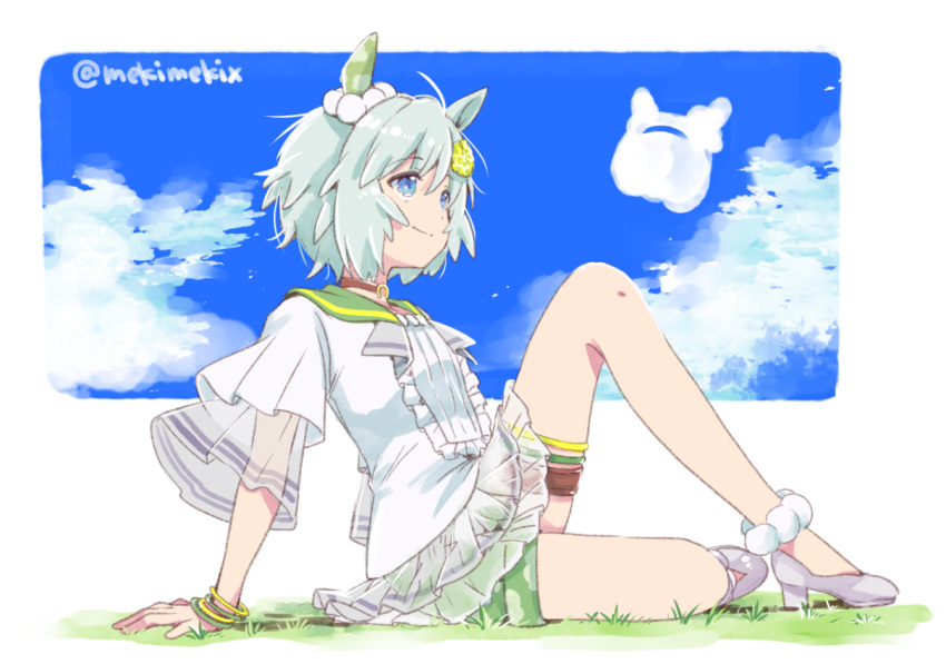 1girl, animal_ears, blue_eyes, bracelet, horse_ears, jewelry, mekimeki, seiun_sky_(umamusume)