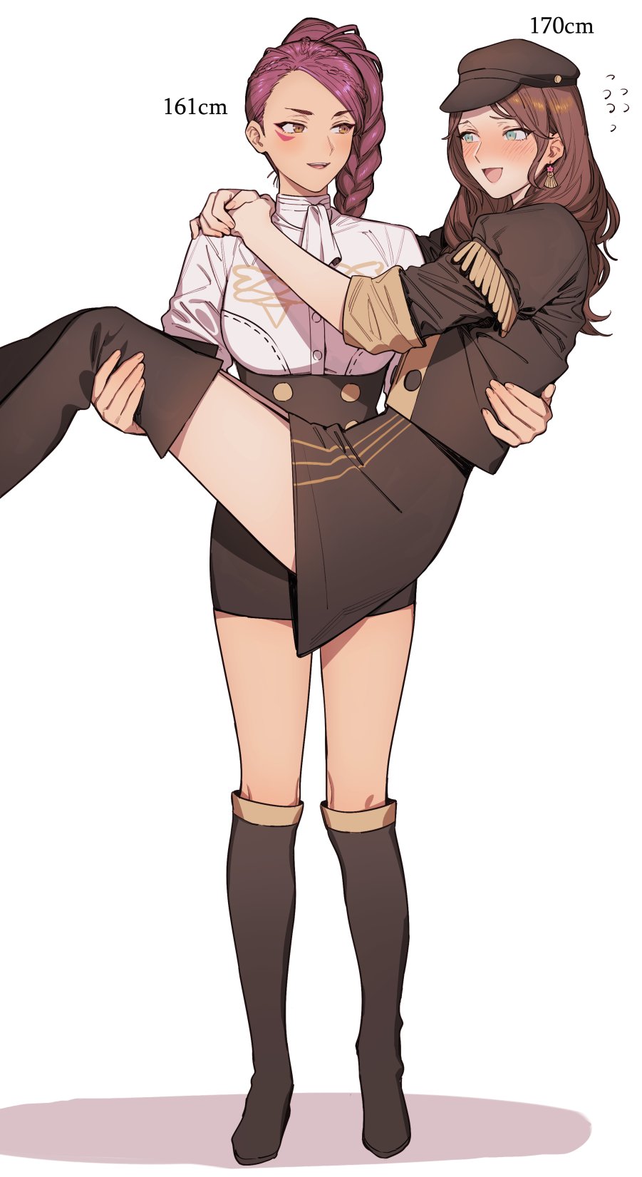 2girls, black_headwear, blush, boots, braid, breasts, brown_hair, carrying