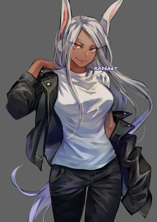 1girl, animal_ears, boku_no_hero_academia, breasts, cowboy_shot, dark_skin, grey_background, jacket