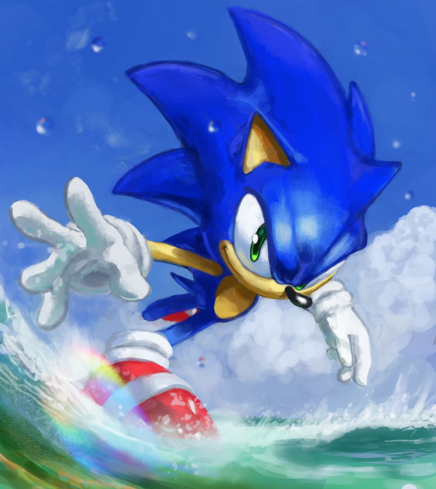1boy, animal_nose, blue_sky, english_commentary, furry, gloves, green_eyes, highres, male_focus, rainbow, red_footwear, running, rythayze, shoes, sky, smile, sneakers, solo, sonic_(series), sonic_the_hedgehog, water, white_gloves