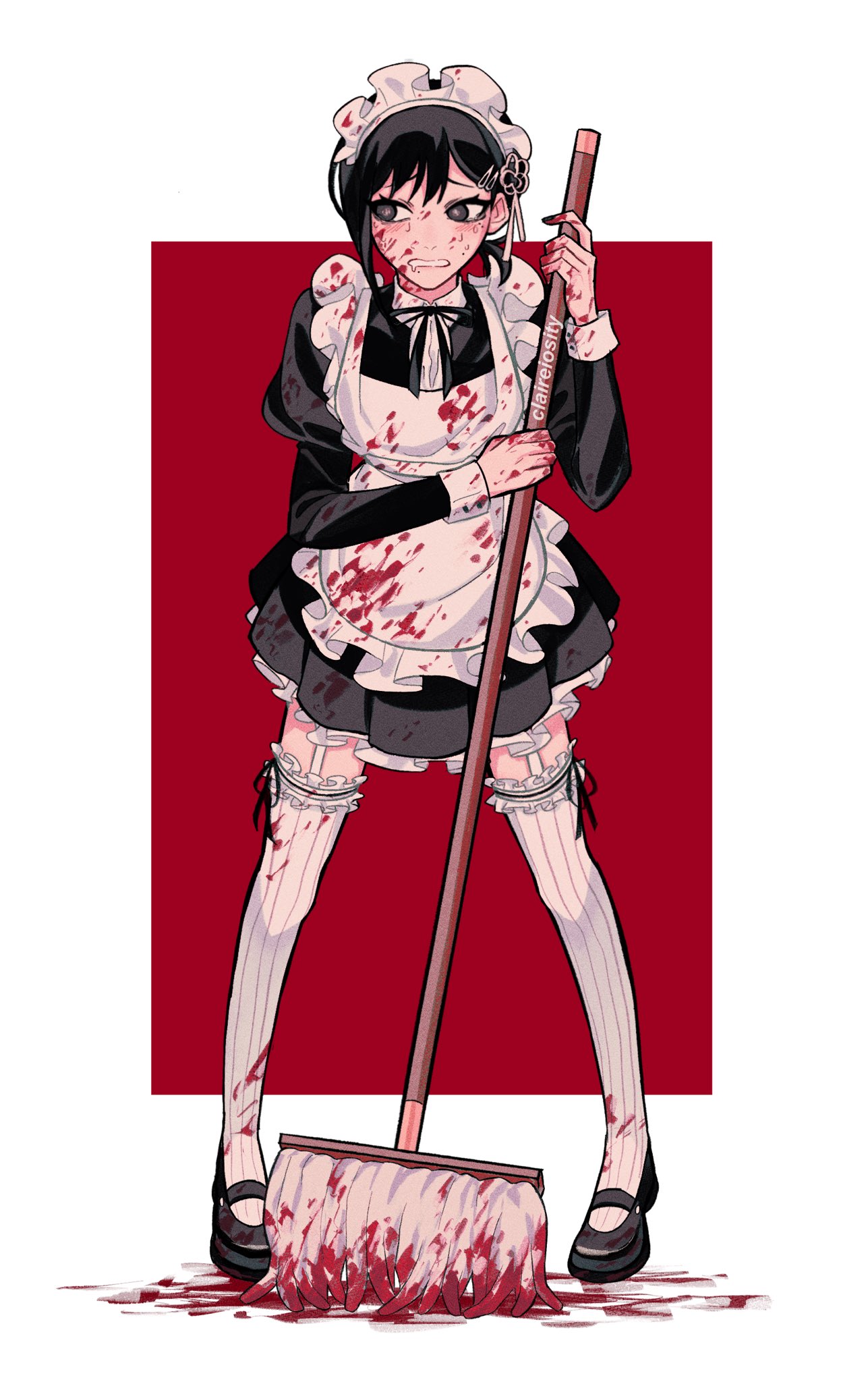1girl, black_legwear, blonde_hair, blood, blood_on_face, bloody_clothes, broom, chainsaw_man