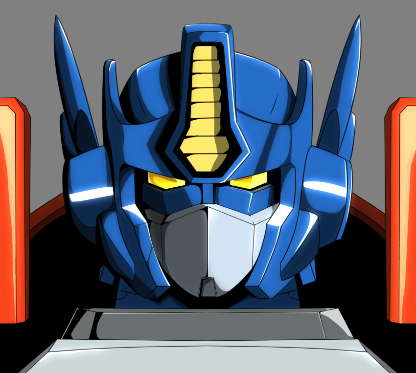 1boy, ark_line, autobot, grey_background, highres, looking_at_viewer, mecha, no_humans, optimus_prime, portrait, science_fiction, solo, transformers, transformers_armada, upper_body, yellow_eyes