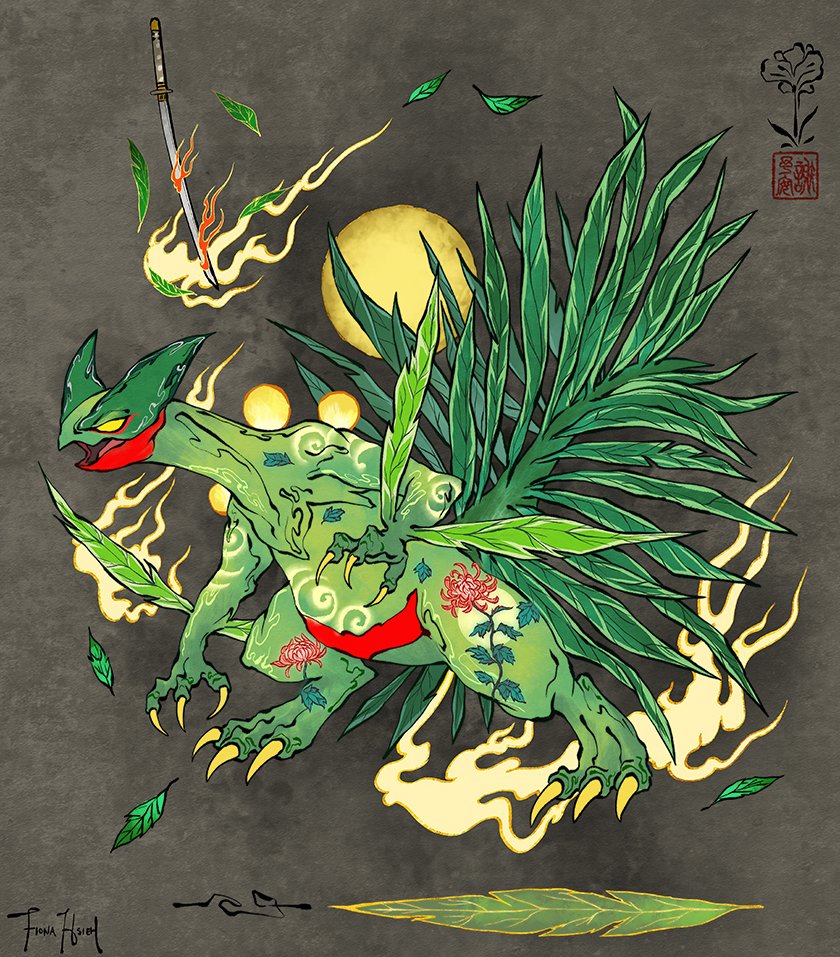 animal_focus, claws, fiona_hsieh, fire, flower, gen_3_pokemon, katana, leaf
