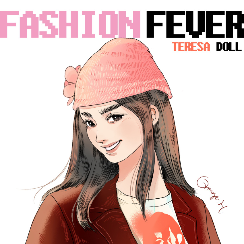 1girl, barbie_(franchise), beanie, brown_eyes, brown_hair, character_name, coat, copyright_name