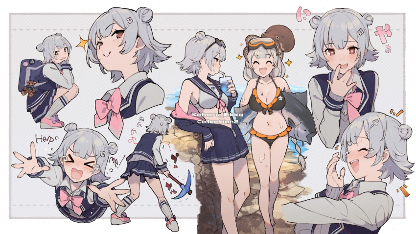 2girls, ^_^, animal, animal_on_head, ascot, bag, beach, bikini