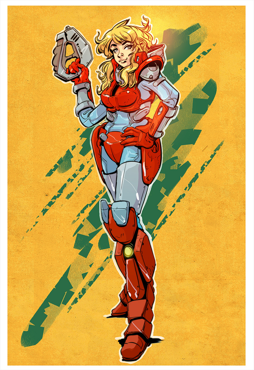 1girl, blonde_hair, body_armor, damaged, dirty, energy_gun, gallant_h-90, gloves, headwear_removed, helmet, helmet_removed, highres, houquet_et_rose, ink_(medium), kikou_souseiki_mospeada, looking_at_viewer, mole, mospeada, mospeada_(mecha), power_armor, ray_gun, robotech, traditional_media, vincent_riley, weapon